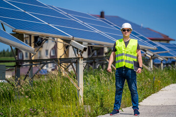 Solar power panel. Green energy. Electricity. Power energy pannels. Engineer at a solar plant.