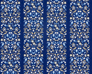 Vector seamless pattern with bright floral ornament. Vintage design element in Eastern style. Ornamental lace tracery. Ornate floral decor for wallpaper. Traditional arabic decor on blue background. © Anna Pogulyaeva