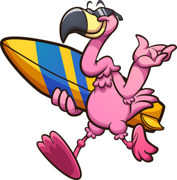Cool cartoon flamingo with sunglasses walking and holding a surfboard. Vector clip art illustration with simple gradients. All on a single layer.
