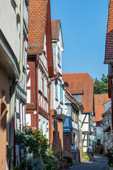 view to half timbered houses in the historic old town of Buedingen, Germany