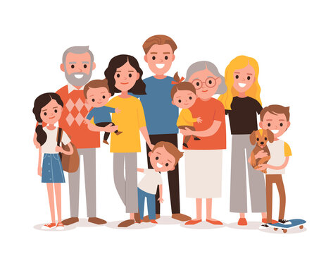 Big happy multi-generational family siblings relatives portrait. Vector people. Seniors mother and father with babies, children grandchildrens and grandparents. Grandma grandpa mom dad.