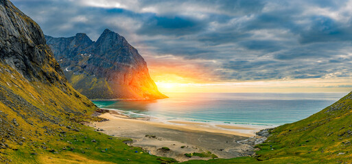 Panorama Of Kvalvika Beach on the Lofoten Islands, Norway