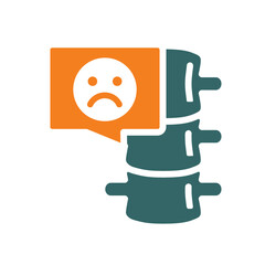 Spine with sad face in chat bubble colored icon. Diseased skeleton symbol