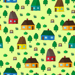 Bright colorful houses, trees, wells and bushes. Cute cartoon seamless pattern. Vector flat graphic hand drawn illustration. Texture.