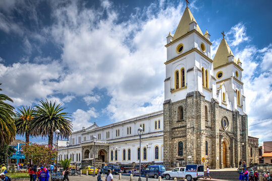 Guaranda, Bolivar province, Ecuador - November 2013: Guaranda's Cathedral during a sunny and cloudy morning. Located in the town's center plaza.