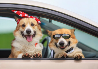 two happy Corgi dogs poked their muzzles and paws out of the window of a passing car during the ride