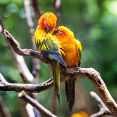 Sun conure parrot on the tree branch eats food