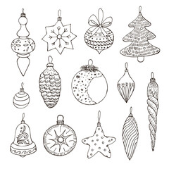 Christmas toys hand drawn doodle vector line illustrations set