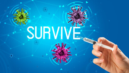 Syringe, medical injection in hand with SURVIVE inscription, coronavirus vaccine concept