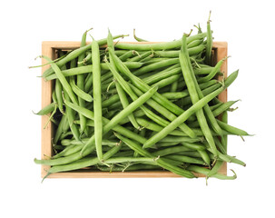 Fresh green beans in wooden crate on white background, top view