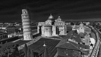 Black and white aerial view of Field of Miracles in Pisa, Tuscany. Drone viewpoint of famous Piazza dei Miracoli
