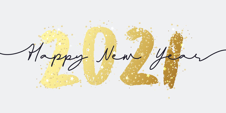 Happy New Year 2021 brush painted calligraphy numbers with sparkles and glitter. Vector illustration background for new year's eve and seasonal holidays flyers, greetings and invitations.