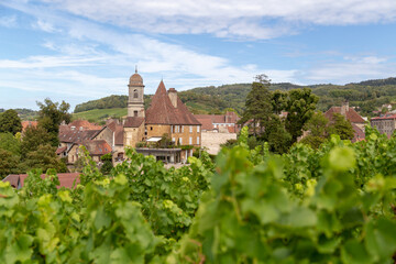 Les vignes d'Arbois et l'église Saint-Just d'Arbois, dans le Jura, en Bourgogne Franche-Comté