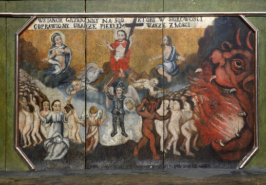 Strzelno, Poland - Painting showing way to hell in church of the Holy Trinity and the Blessed Virgin Mary. Medieval architecture in Poland.