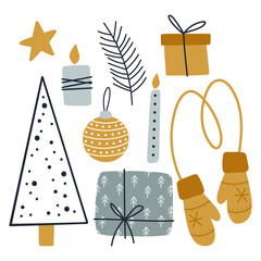 Christmas stickers set. Hand drawn winter elements - gift, candle, pine, mittens, star. Christmas illustration for card, poster, stickerpack, web, logo, scrapbooking, patterns, interior. Flat style.