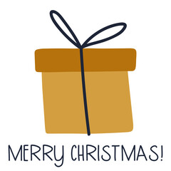 Christmas card with gift box. Merry christmas. Vector illustration for card, poster, invitation, gift tag, sticker. Flat style. Hygge winter art.