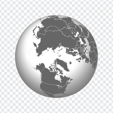 Globe of Earth with borders of all countries. 3d icon Globe in gray on transparent background. High quality world map in gray.  Arctic, Canada, Greenland, Russia, USA. EPS10.