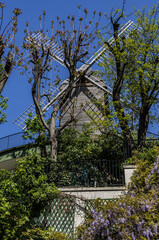 Moulin de la Galette (or Moulin Blute-Fin, built in 1622) - the oldest windmill of Montmartre. In the mill, there is still a working mechanism. Paris. France.