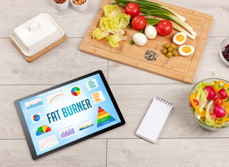 Organic food and tablet pc showing FAT BURNER inscription, healthy nutrition composition