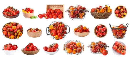 Set of different ripe tomatoes on white background. Banner design