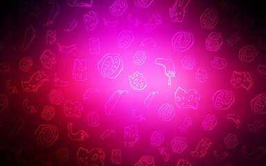 Dark Pink vector background with tasty food. Fast Food on blurred abstract background with colorful gradient. Doodle design for your business advert of cafes.