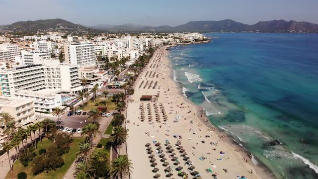 Cala Millor Riviera,Mallorca Island Spain. Aerial View of Beach on Mediterranean Sea on Sunny Summer Day, Drone Shot