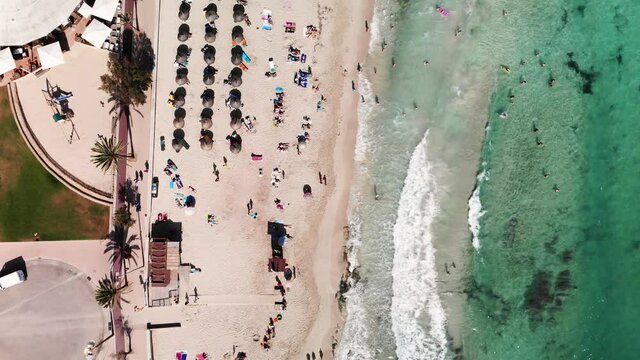 Cala Millor, Mallorca, Spain. High Angle Aerial View of Sandy Beach, Promenade  and Mediterranean Sea on Sunny Summer Day, Drone Shot
