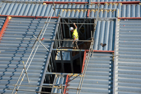 Kent, England, UK. 2020. An overview of commercial metalwork on a construction site of new build accommodation, flats, apartments and shops in Kent, UK.