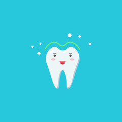 Healthy cute white shining tooth icon. Teeth whitening. Good oral hygiene of the oral cavity. Childrens dentistry, dental care. Vector illustration isolated on a blue background