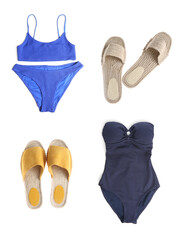 Set with beach accessories on white background