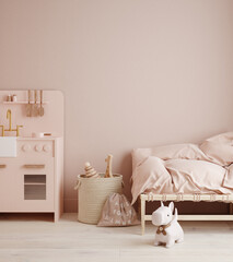 Monochromatic girls room in pastel pink colors