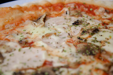 Food ingredients and spices for cooking delicious italian pizza. Mushrooms, tomatoes, cheese, onion, oil, pepper, salt. Piece, mushroom.