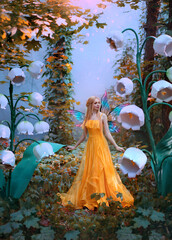 A fantasy woman forest fairy. Fashion model in yellow dress with butterfly wings walks in autumn nature. Large flowers scenery decor white lily of the valley. Orange leaves of tree blue mystical fog.