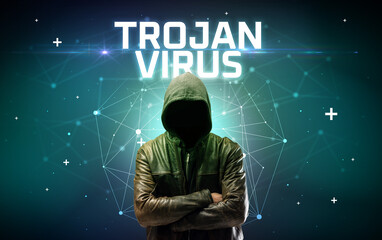 Mysterious hacker with TROJAN VIRUS inscription, online attack concept inscription, online security...