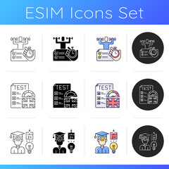 True false test icons set. Placement exam. Physical skills testing. Examination and education. Right answer. Linear, black and RGB color styles. Isolated vector illustrations