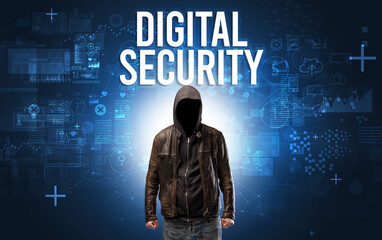 Faceless man with DIGITAL SECURITY inscription, online security concept