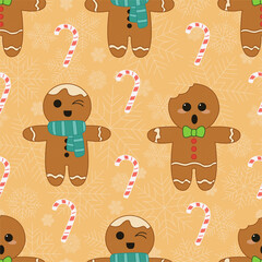 Seamless Pattern with funny gingerbread men, candy canes and snowflakes 