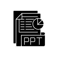 PPT file black glyph icon. Slideshow presentation. File extension. PPTX documents. Presentation format. Text, images, sound and video. Silhouette symbol on white space. Vector isolated illustration