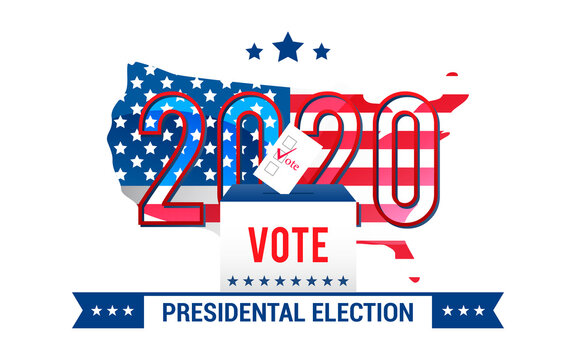 2020 Usa Presidential Election Vector illustration. American flag in United States Map. Vote with Ballot box