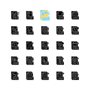 File extensions black glyph icons set on white space. Different types. Text, audio, video, compression, executable files. Storing and transport data. Silhouette symbols. Vector isolated illustration