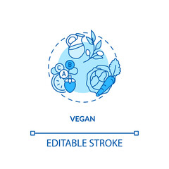 Vegan concept icon. Vegetable culinary ideas. Healthy meal preparation. Types of vegetarian diets idea thin line illustration. Vector isolated outline RGB color drawing. Editable stroke