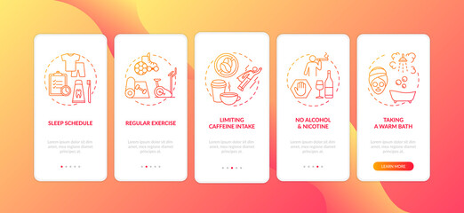 Healthy sleep hygiene red gradient onboarding mobile app page screen with concepts. Healthcare recommendation walkthrough 5 steps graphic instructions. UI vector template with RGB color illustrations