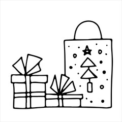 Christmas presents.  Two boxes with bantayim and a large paper bag decorated with a Christmas tree with a star and snow.  Vector illustration of holiday packages.
