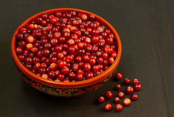 Cranberries in wooden bowl on the dark background