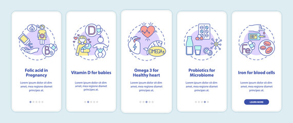 Essential supplements onboarding mobile app page screen with concepts. Folic acid in pregnancy, probiotics walkthrough 5 steps graphic instructions. UI vector template with RGB color illustrations