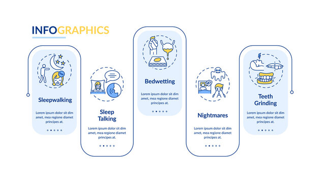 Sleep disorders vector infographic template. Healthcare treatment presentation design elements. Data visualization with 5 steps. Process timeline chart. Workflow layout with linear icons