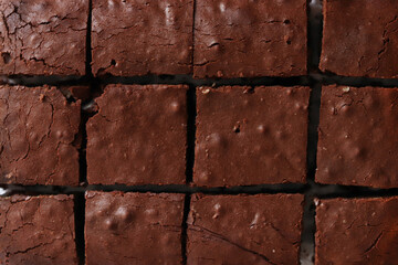 Chocolate brownie as background. Top view.