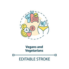 Vegans and vegetarians concept icon. People in supplements need idea thin line illustration. Plant-based diet. Vitamin B12 deficiency. Vector isolated outline RGB color drawing. Editable stroke