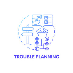 Trouble planning blue gradient concept icon. Difficulty with decision. Symptom of Alzheimer. Brain health problem idea thin line illustration. Vector isolated outline RGB color drawing