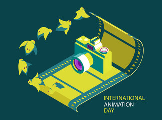 Greeting card for the international animation day. An image of the camera and film isometry in bright colors and a storyboard of a bird's flight. EPS10, great for greeting cards, banners, invitations